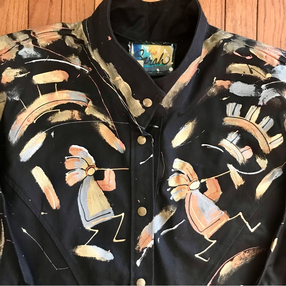 Hand Painted Denim Trucker Jacket Black Cotton Dolman Sleeve Native Art Signed